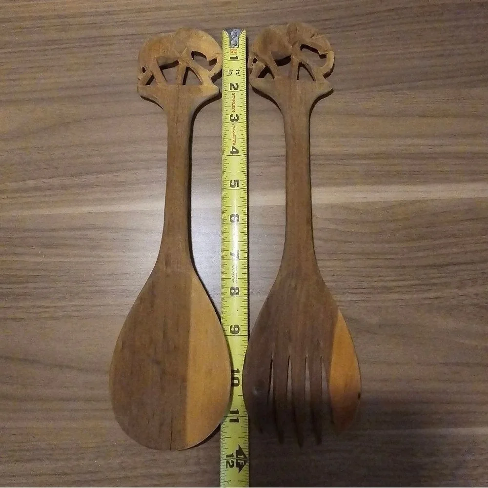 Vintage African Hand Carved Wood Elephant Salad Serving Set 12